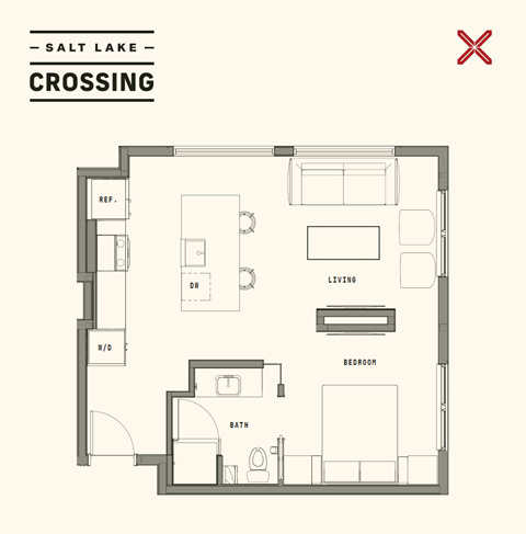 Floor plan for 1 bed, 1 bath, 600 sqft